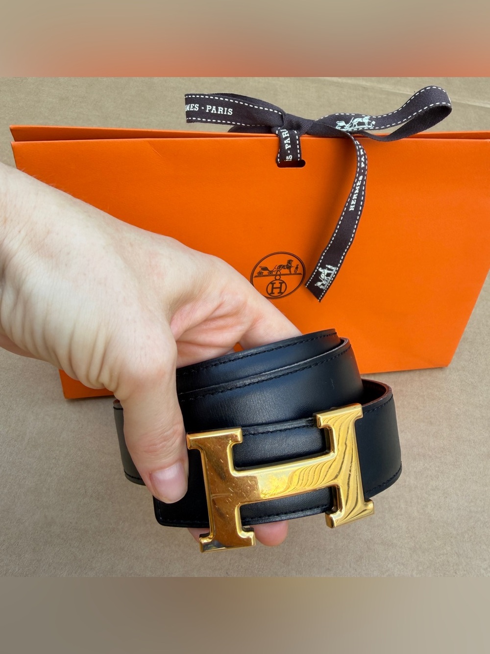 Vintage 1997 Hermès Constance H Reversible Leather Belt Gold Buckle Size 80